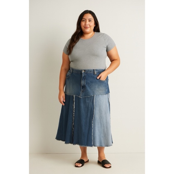Wrangler x Vintage Reworked Upcycled Pieced Denim Midi Skirt Plus Size - Picture 3 of 11